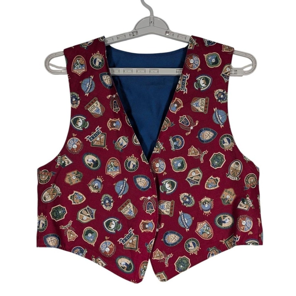 Golf Crest Vest Mens M Burgundy Vintage Novelty Print Waistcoat Retro Eccentric